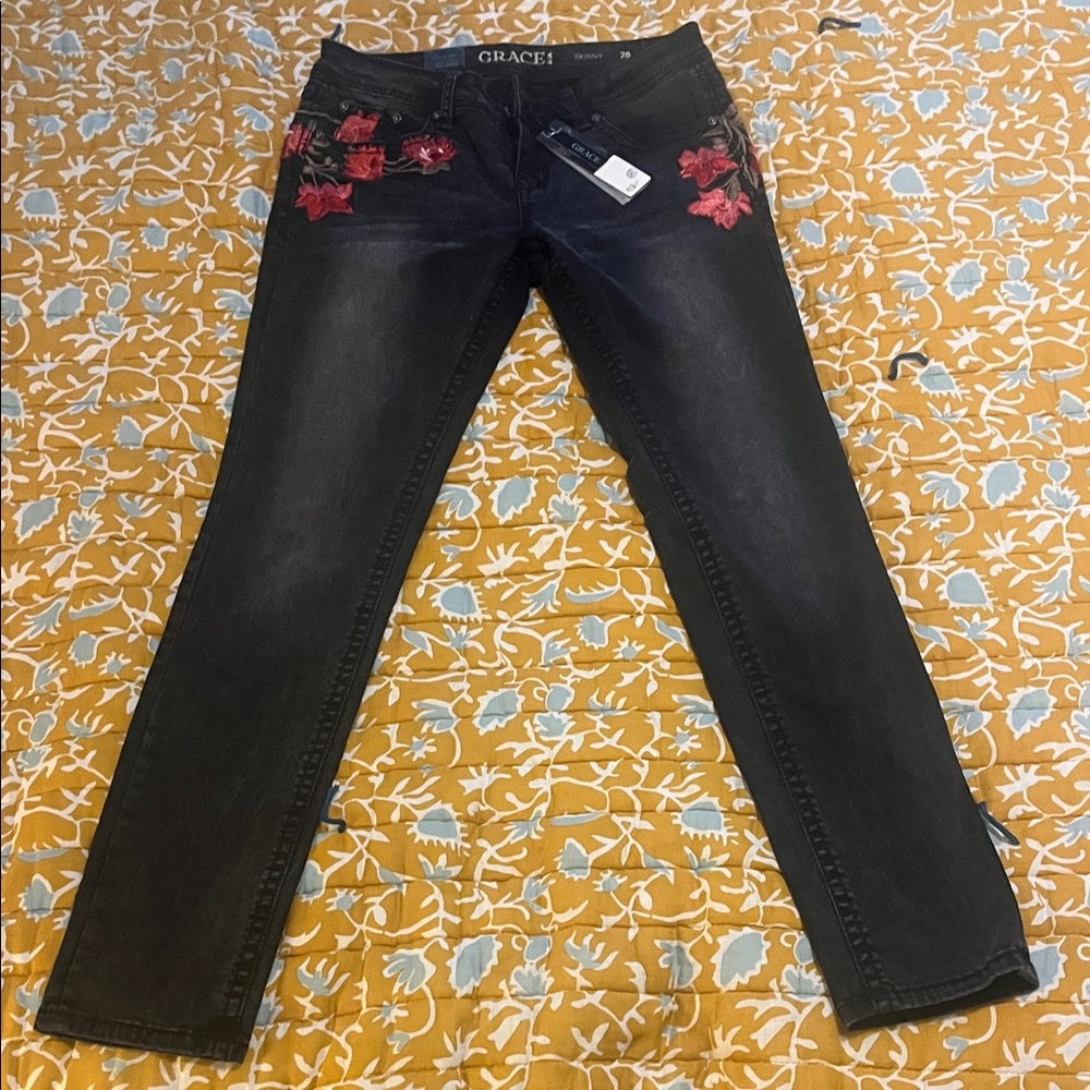 Grace Dark Jeans with Floral Red Accents